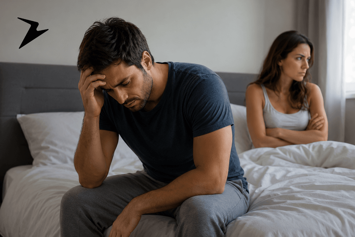 Man appearing fatigued and distressed on a bed while his partner sits in the background looking frustrated.
