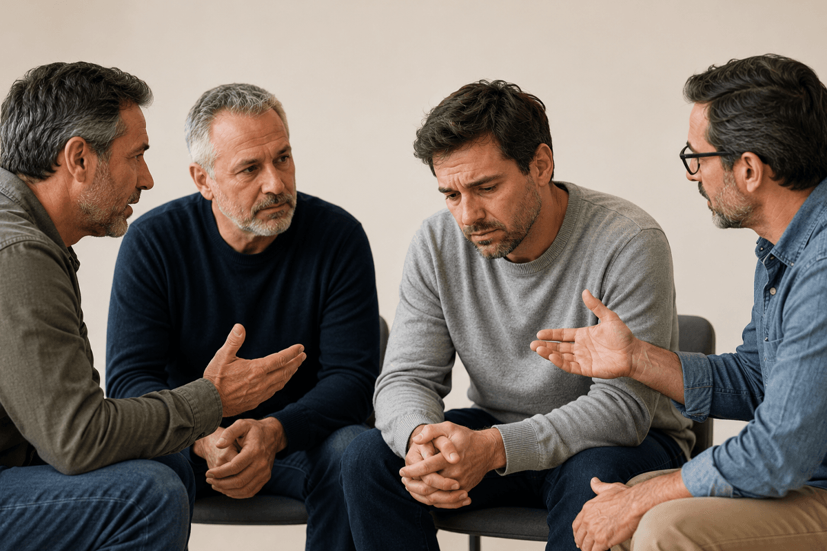 men in a support for andropause group having a serious discussion.