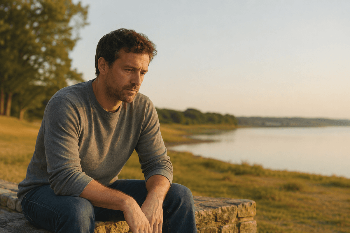 Thoughtful man sitting on a stone ledge by a calm lakeside at sunset, looking down in reflection with trees and shoreline in the background.