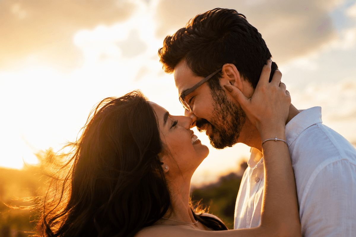 Couple sharing a romantic embrace at sunset outdoors