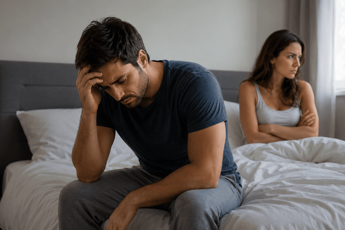 Man appearing fatigued and distressed on a bed while his partner sits in the background looking frustrated.