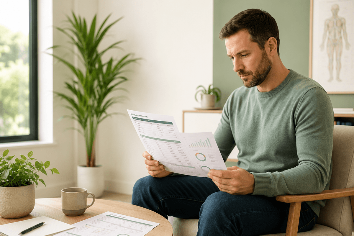 Man reviewing hormone test results and testosterone lab report in a medical office.