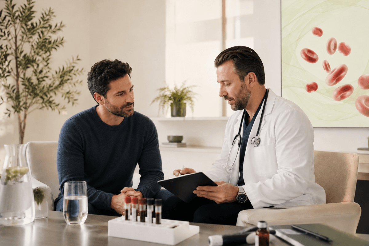 Doctor discussing hematocrit test results with a TRT patient during consultation.
