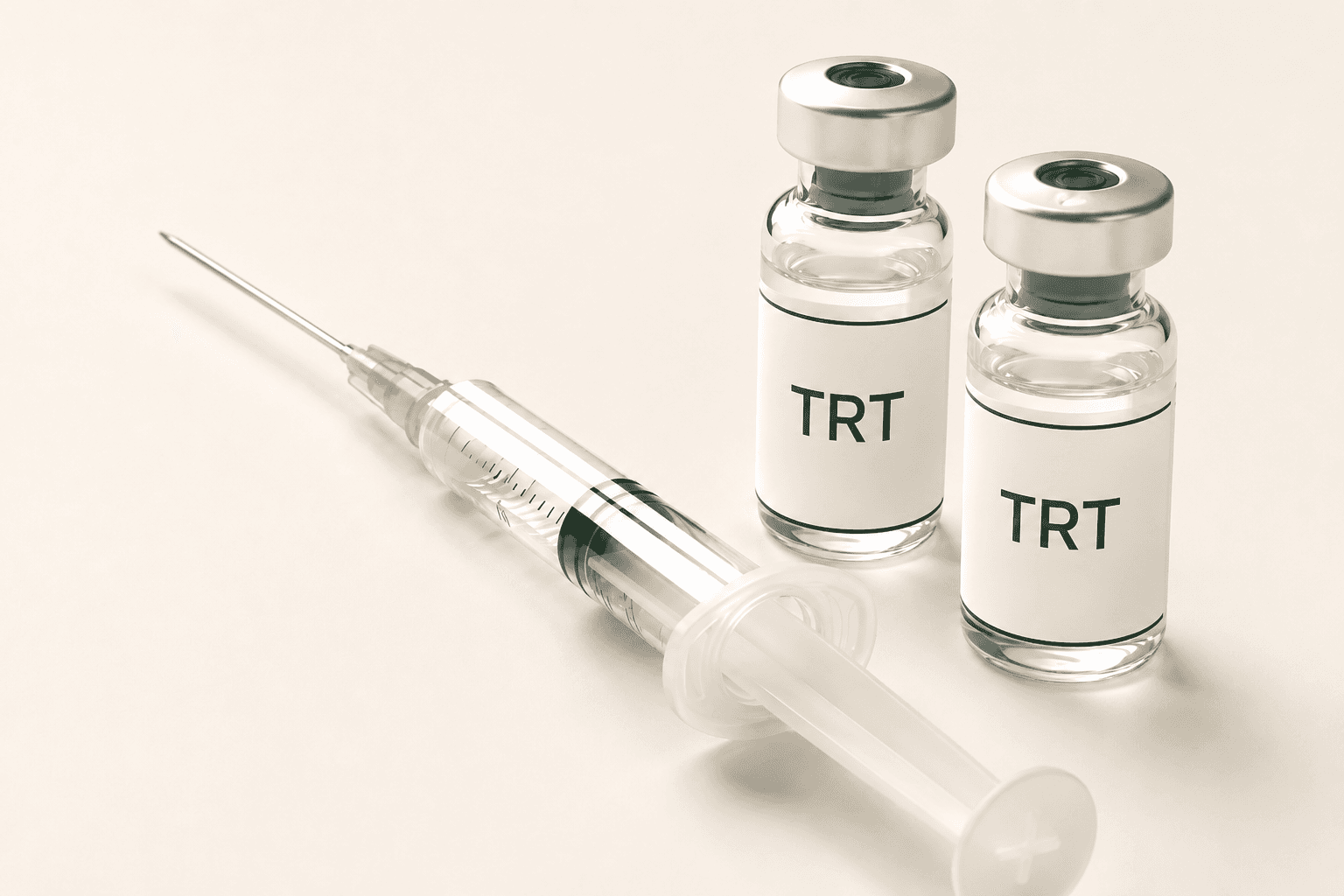 TRT injection syringe and testosterone vials for testosterone replacement therapy.