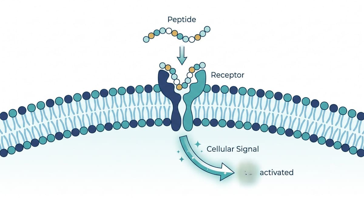 Diagram showing a peptide binding to a receptor on a cell membrane, triggering a cellular signal