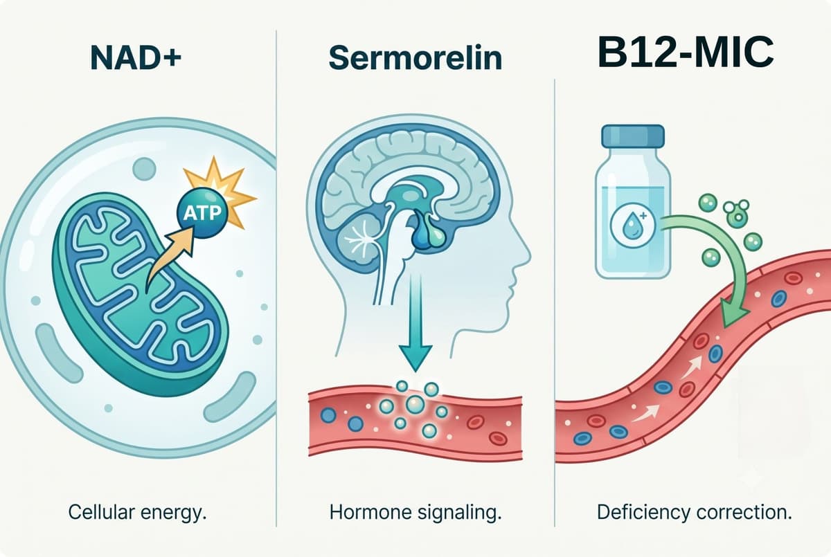 Comparison of NAD+ (cellular energy), Sermorelin (hormone signaling), and B12-MIC (deficiency correction)