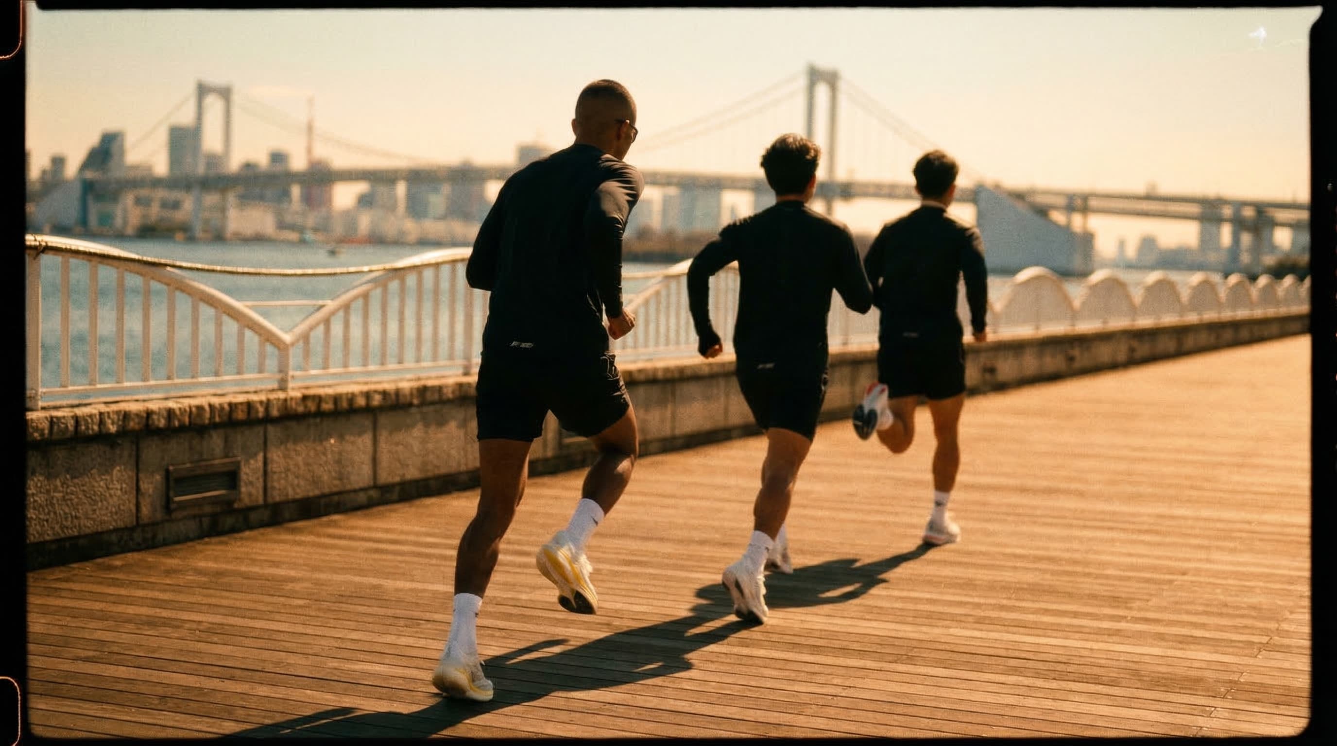 Group of men running along a waterfront boardwalk at golden hour