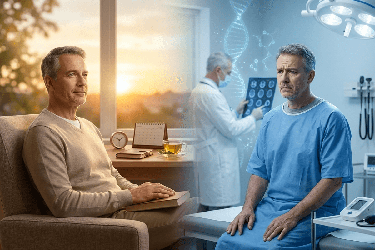 Hypogonadism vs. andropause comparison showing healthy aging and testosterone deficiency.