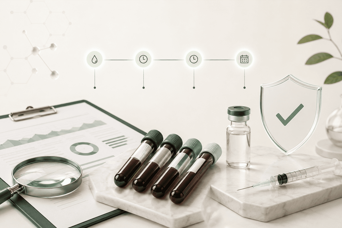 TRT monitoring labs showing blood tests, injection, and follow-up schedule.