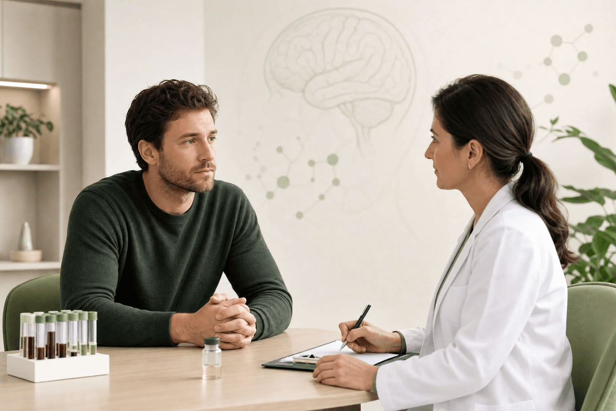 Patient consulting a psychiatrist about testosterone therapy and mental health