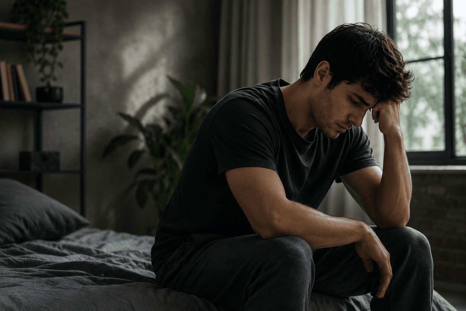 Young man experiencing low testosterone symptoms, including fatigue and low mood