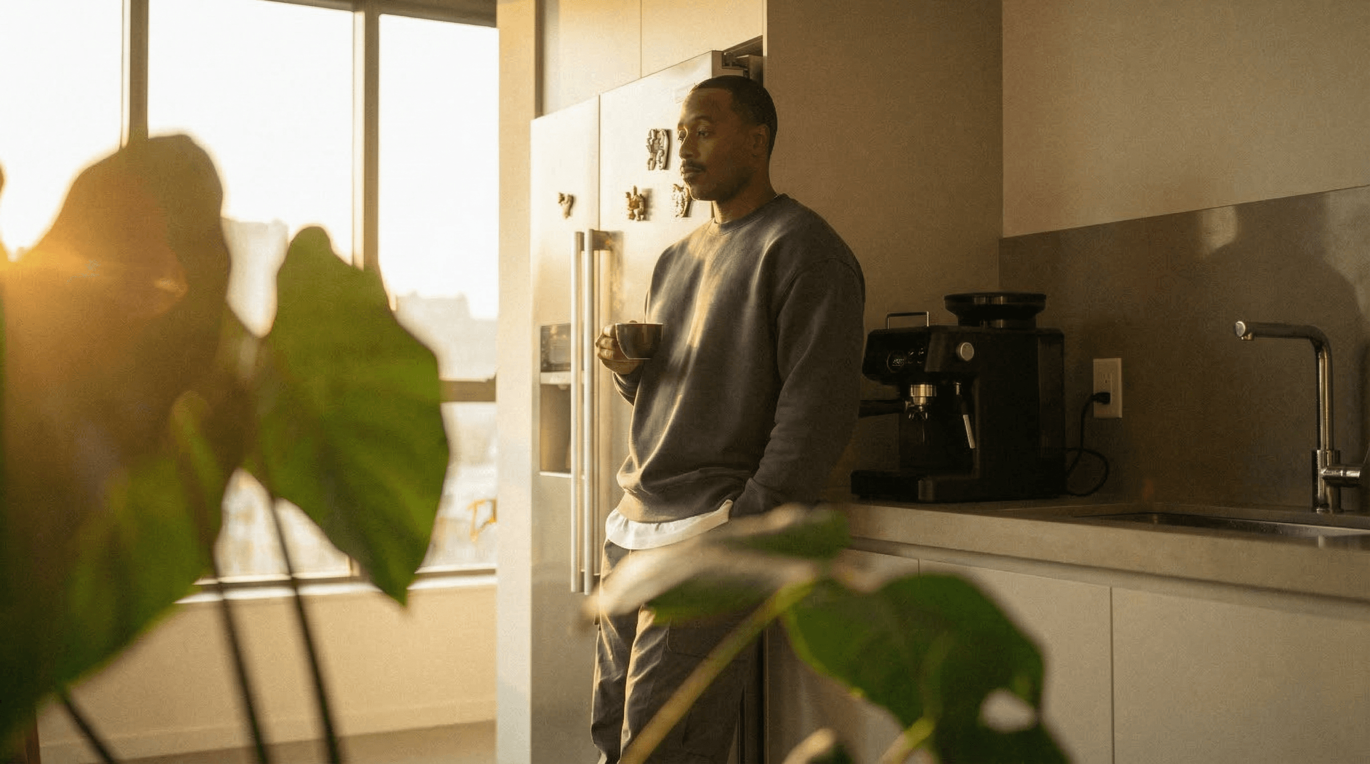 Man in kitchen holding a coffee cup, bathed in warm morning light